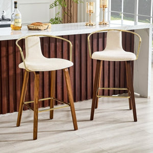 English Elm 2-Piece Walnut Wood Bar Stool Set with Gold Ring Backrest and Fabric Seat W1151P433523