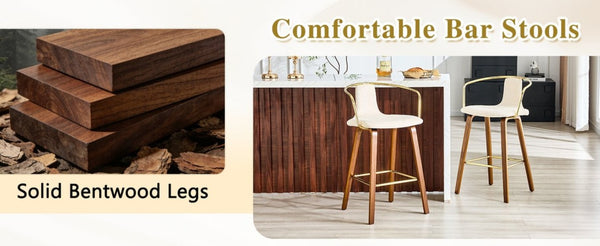 English Elm 2-Piece Walnut Wood Bar Stool Set with Gold Ring Backrest and Fabric Seat W1151P433523