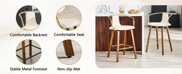 English Elm 2-Piece Walnut Wood Bar Stool Set with Gold Ring Backrest and Fabric Seat W1151P433523