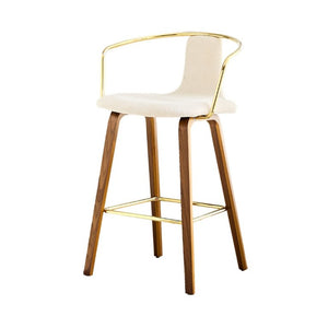 English Elm 2-Piece Walnut Wood Bar Stool Set with Gold Ring Backrest and Fabric Seat W1151P433523