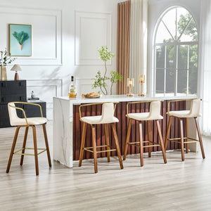 English Elm 2-Piece Walnut Wood Bar Stool Set with Gold Ring Backrest and Fabric Seat W1151P433523
