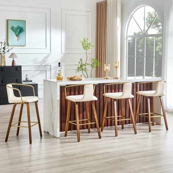 English Elm 2-Piece Walnut Wood Bar Stool Set with Gold Ring Backrest and Fabric Seat W1151P433523