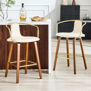 English Elm 2-Piece Walnut Wood Bar Stool Set with Gold Ring Backrest and Fabric Seat W1151P433523