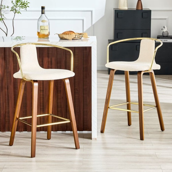 English Elm 2-Piece Walnut Wood Bar Stool Set with Gold Ring Backrest and Fabric Seat W1151P433523