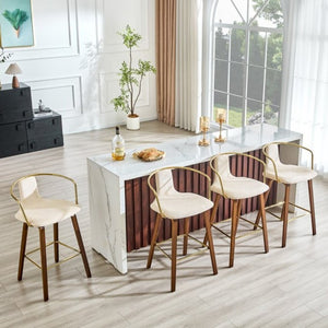 English Elm 2-Piece Walnut Wood Bar Stool Set with Gold Ring Backrest and Fabric Seat W1151P433523