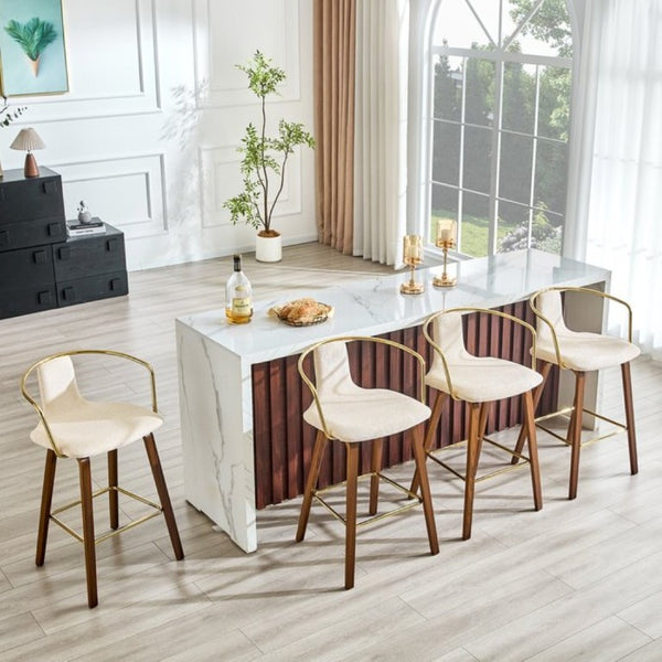 English Elm 2-Piece Walnut Wood Bar Stool Set with Gold Ring Backrest and Fabric Seat W1151P433523