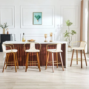 English Elm 2-Piece Walnut Wood Bar Stool Set with Gold Ring Backrest and Fabric Seat W1151P433523