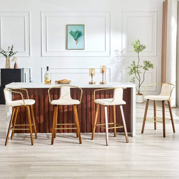 English Elm 2-Piece Walnut Wood Bar Stool Set with Gold Ring Backrest and Fabric Seat W1151P433523