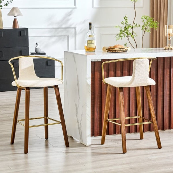 English Elm 2-Piece Walnut Wood Bar Stool Set with Gold Ring Backrest and Fabric Seat W1151P433523