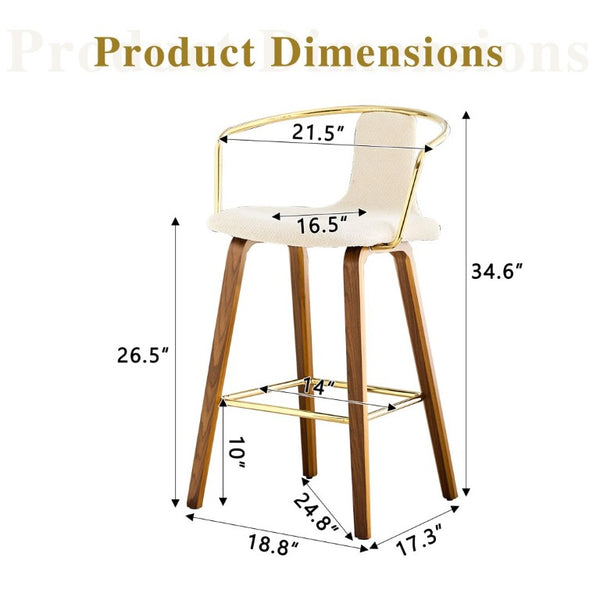 English Elm 2-Piece Walnut Wood Bar Stool Set with Gold Ring Backrest and Fabric Seat W1151P433523