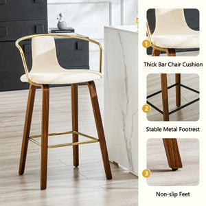 English Elm 2-Piece Walnut Wood Bar Stool Set with Gold Ring Backrest and Fabric Seat W1151P433523
