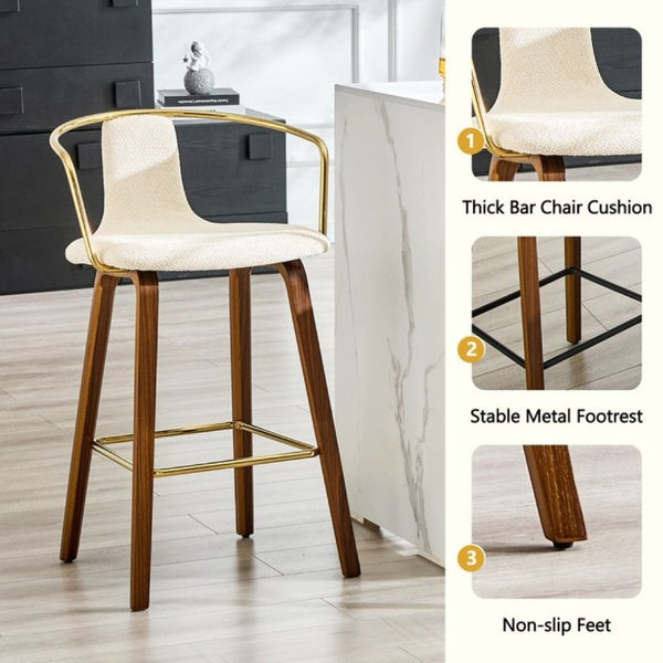 English Elm 2-Piece Walnut Wood Bar Stool Set with Gold Ring Backrest and Fabric Seat W1151P433523