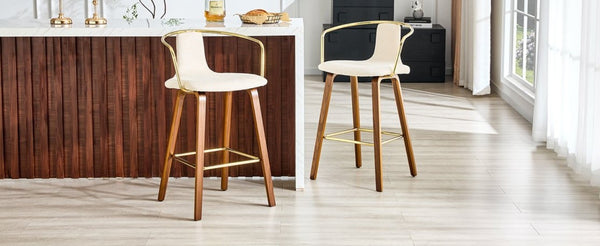 English Elm 2-Piece Walnut Wood Bar Stool Set with Gold Ring Backrest and Fabric Seat W1151P433523