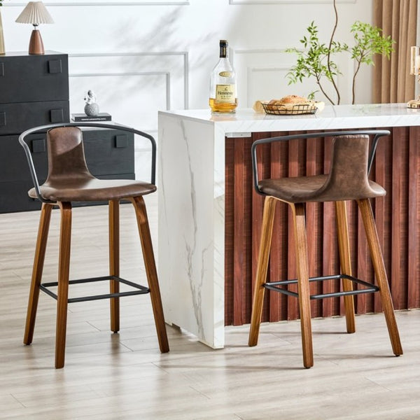 English Elm 2-Piece Walnut Wood Bar Stool Set with PU Leather Seats and Ring Metal Backrest W1151P433524