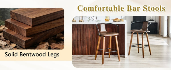 English Elm 2-Piece Walnut Wood Bar Stool Set with PU Leather Seats and Ring Metal Backrest W1151P433524