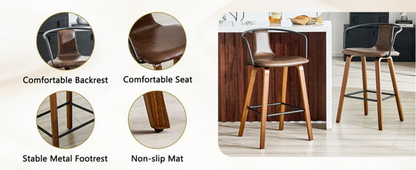 English Elm 2-Piece Walnut Wood Bar Stool Set with PU Leather Seats and Ring Metal Backrest W1151P433524