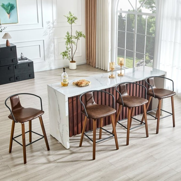 English Elm 2-Piece Walnut Wood Bar Stool Set with PU Leather Seats and Ring Metal Backrest W1151P433524