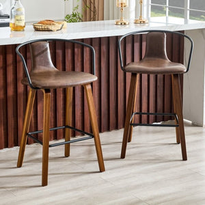 English Elm 2-Piece Walnut Wood Bar Stool Set with PU Leather Seats and Ring Metal Backrest W1151P433524