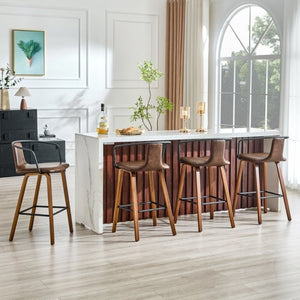 English Elm 2-Piece Walnut Wood Bar Stool Set with PU Leather Seats and Ring Metal Backrest W1151P433524