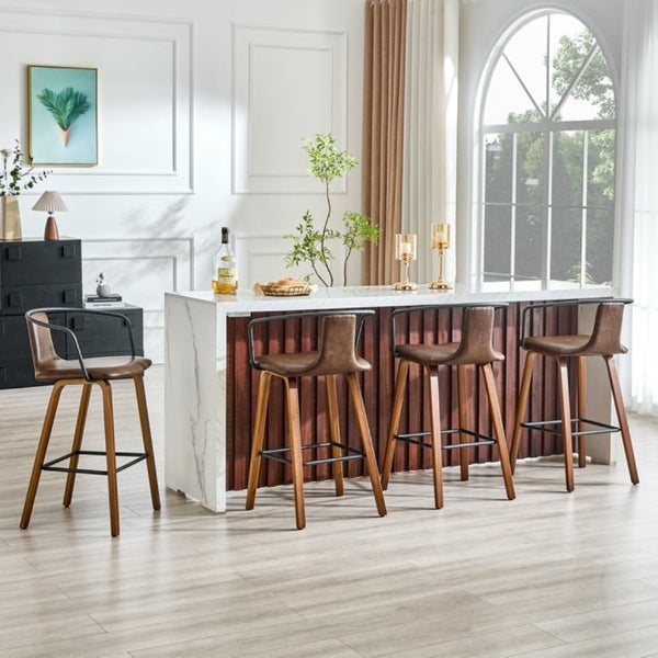 English Elm 2-Piece Walnut Wood Bar Stool Set with PU Leather Seats and Ring Metal Backrest W1151P433524