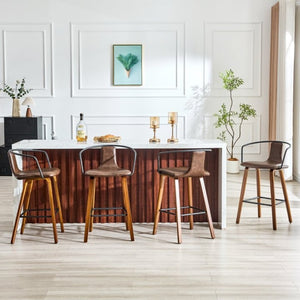 English Elm 2-Piece Walnut Wood Bar Stool Set with PU Leather Seats and Ring Metal Backrest W1151P433524