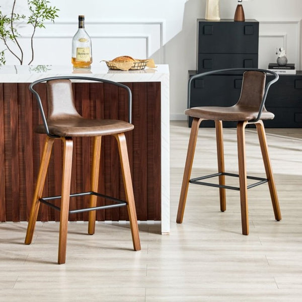 English Elm 2-Piece Walnut Wood Bar Stool Set with PU Leather Seats and Ring Metal Backrest W1151P433524