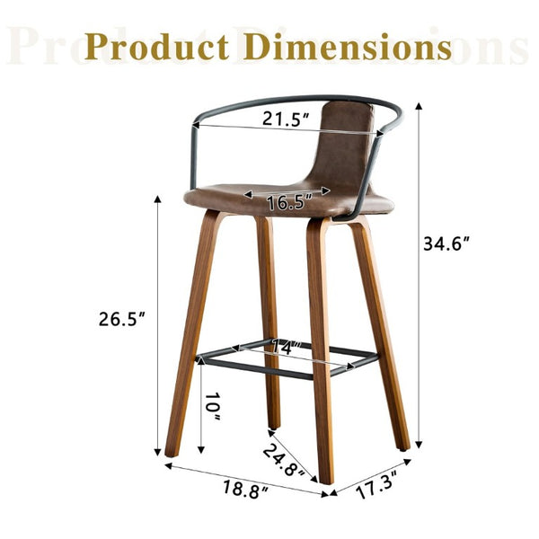 English Elm 2-Piece Walnut Wood Bar Stool Set with PU Leather Seats and Ring Metal Backrest W1151P433524
