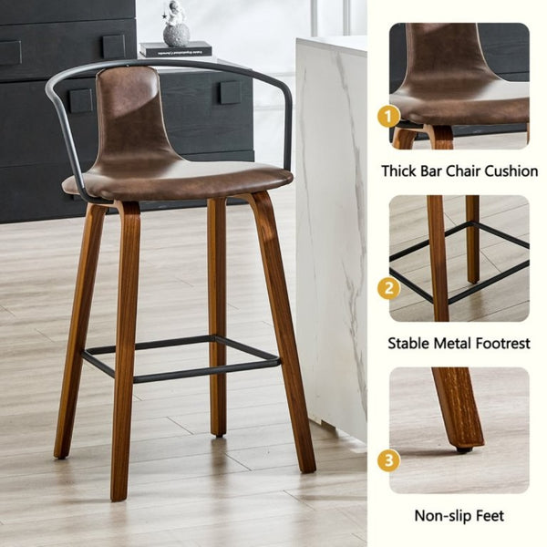 English Elm 2-Piece Walnut Wood Bar Stool Set with PU Leather Seats and Ring Metal Backrest W1151P433524
