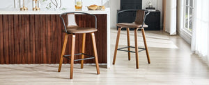 English Elm 2-Piece Walnut Wood Bar Stool Set with PU Leather Seats and Ring Metal Backrest W1151P433524