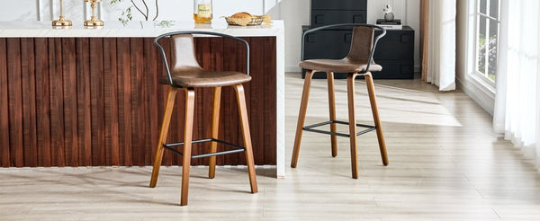 English Elm 2-Piece Walnut Wood Bar Stool Set with PU Leather Seats and Ring Metal Backrest W1151P433524
