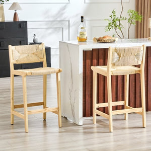 English Elm 2-Piece Solid Wood Hand-Woven Rope Bar Stools Rustic Kitchen Island Seating Set W1151P433525