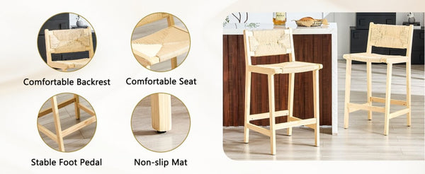 English Elm 2-Piece Solid Wood Hand-Woven Rope Bar Stools Rustic Kitchen Island Seating Set W1151P433525