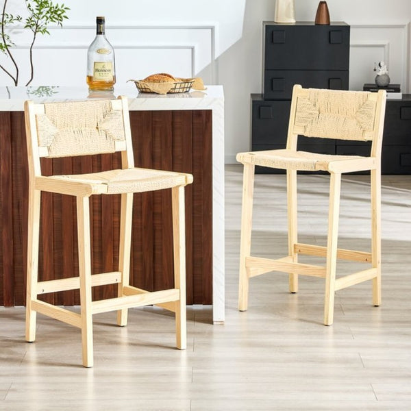 English Elm 2-Piece Solid Wood Hand-Woven Rope Bar Stools Rustic Kitchen Island Seating Set W1151P433525