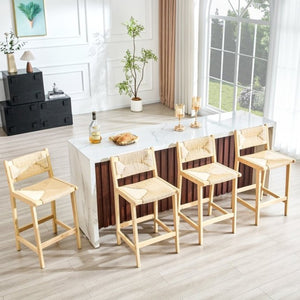 English Elm 2-Piece Solid Wood Hand-Woven Rope Bar Stools Rustic Kitchen Island Seating Set W1151P433525