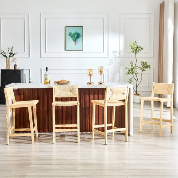 English Elm 2-Piece Solid Wood Hand-Woven Rope Bar Stools Rustic Kitchen Island Seating Set W1151P433525