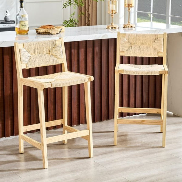 English Elm 2-Piece Solid Wood Hand-Woven Rope Bar Stools Rustic Kitchen Island Seating Set W1151P433525