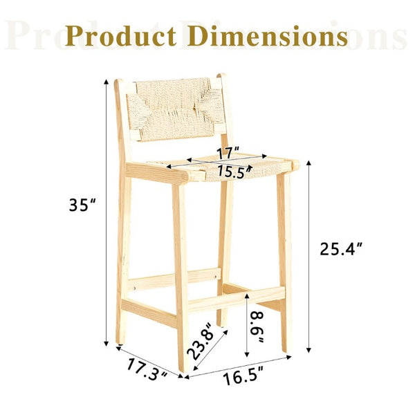 English Elm 2-Piece Solid Wood Hand-Woven Rope Bar Stools Rustic Kitchen Island Seating Set W1151P433525