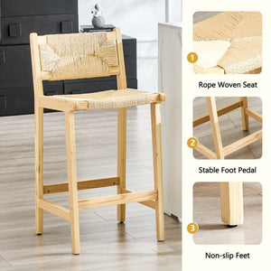 English Elm 2-Piece Solid Wood Hand-Woven Rope Bar Stools Rustic Kitchen Island Seating Set W1151P433525