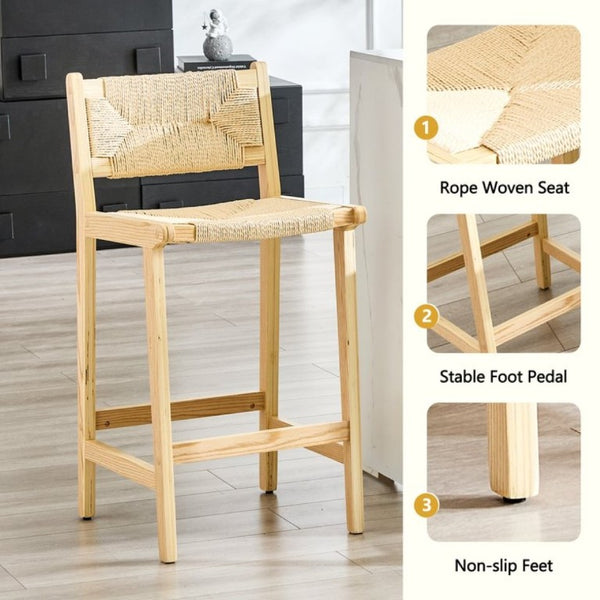 English Elm 2-Piece Solid Wood Hand-Woven Rope Bar Stools Rustic Kitchen Island Seating Set W1151P433525