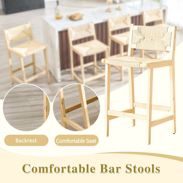 English Elm 2-Piece Solid Wood Hand-Woven Rope Bar Stools Rustic Kitchen Island Seating Set W1151P433525