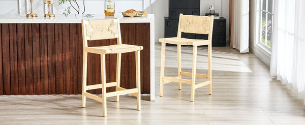 English Elm 2-Piece Solid Wood Hand-Woven Rope Bar Stools Rustic Kitchen Island Seating Set W1151P433525