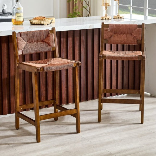 English Elm 2-Piece Solid Wood Hand Woven Rope Barstools Rustic Farmhouse Kitchen Island Seating W1151P433526