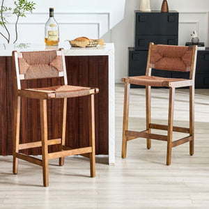 English Elm 2-Piece Solid Wood Hand Woven Rope Barstools Rustic Farmhouse Kitchen Island Seating W1151P433526