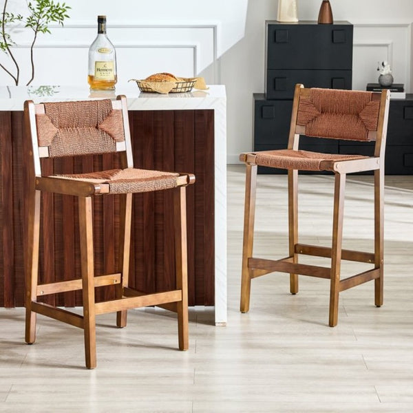 English Elm 2-Piece Solid Wood Hand Woven Rope Barstools Rustic Farmhouse Kitchen Island Seating W1151P433526