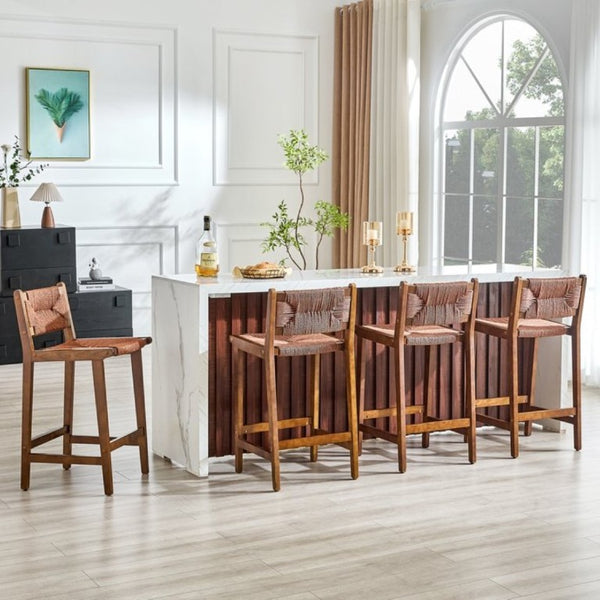 English Elm 2-Piece Solid Wood Hand Woven Rope Barstools Rustic Farmhouse Kitchen Island Seating W1151P433526