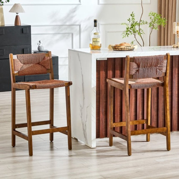 English Elm 2-Piece Solid Wood Hand Woven Rope Barstools Rustic Farmhouse Kitchen Island Seating W1151P433526