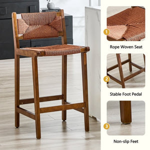 English Elm 2-Piece Solid Wood Hand Woven Rope Barstools Rustic Farmhouse Kitchen Island Seating W1151P433526