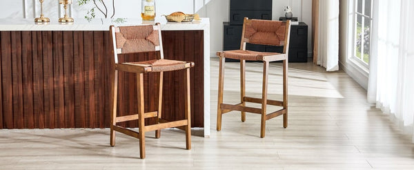 English Elm 2-Piece Solid Wood Hand Woven Rope Barstools Rustic Farmhouse Kitchen Island Seating W1151P433526