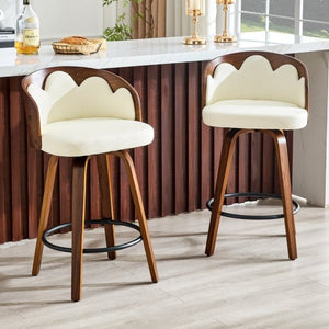 English Elm 2-Piece Swivel Barstools Set with Floral Bentwood Backs White PU Leather Walnut Legs White+Walnut W1151P433529
