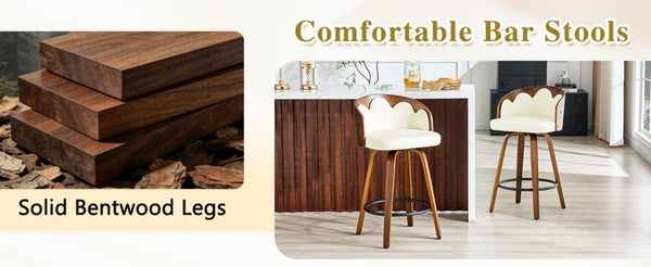 English Elm 2-Piece Swivel Barstools Set with Floral Bentwood Backs White PU Leather Walnut Legs White+Walnut W1151P433529